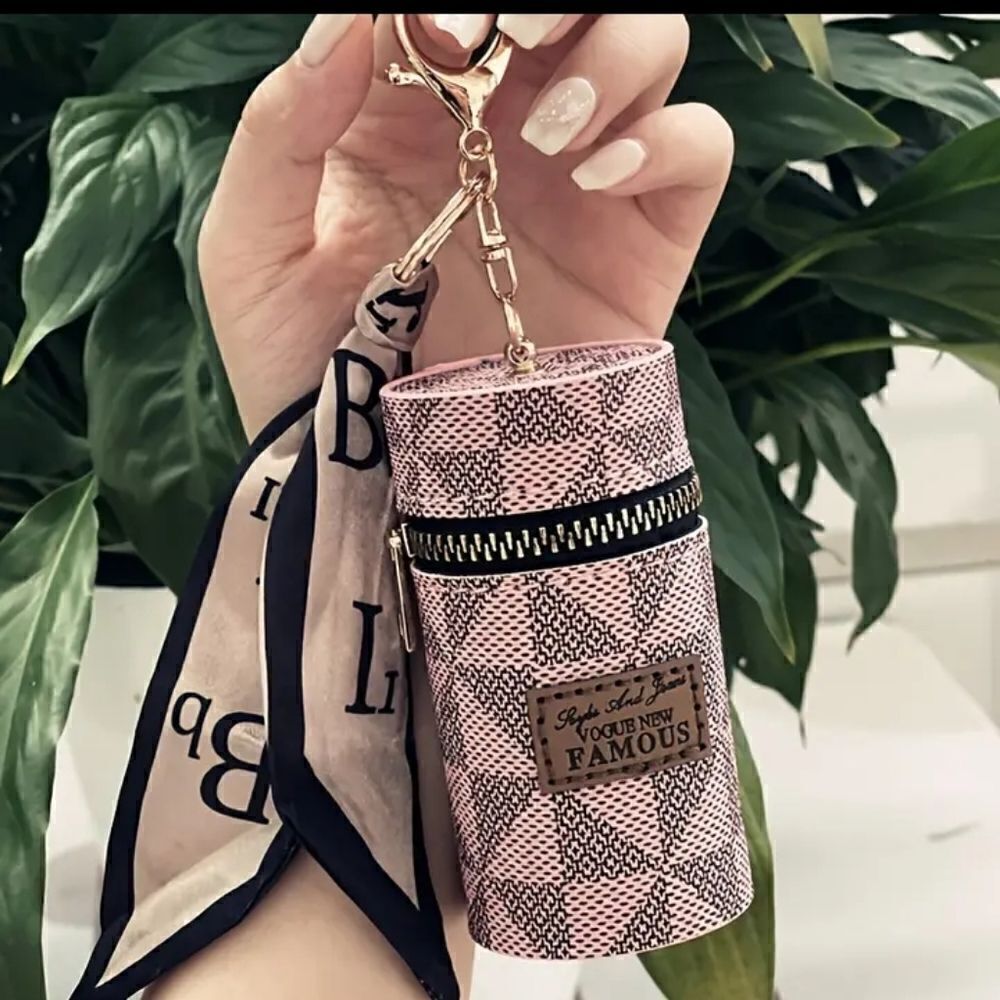 New Luxurious Lipstick Organizer/Coin Purse Keychain Pink Checkered Geo…